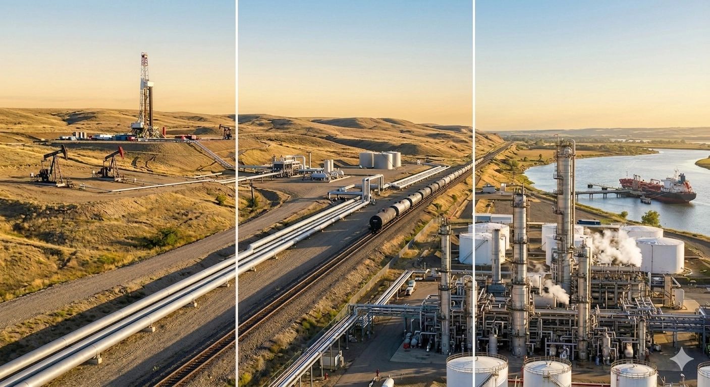 Illustration of pipelines connecting oil production, transport, and processing facilities