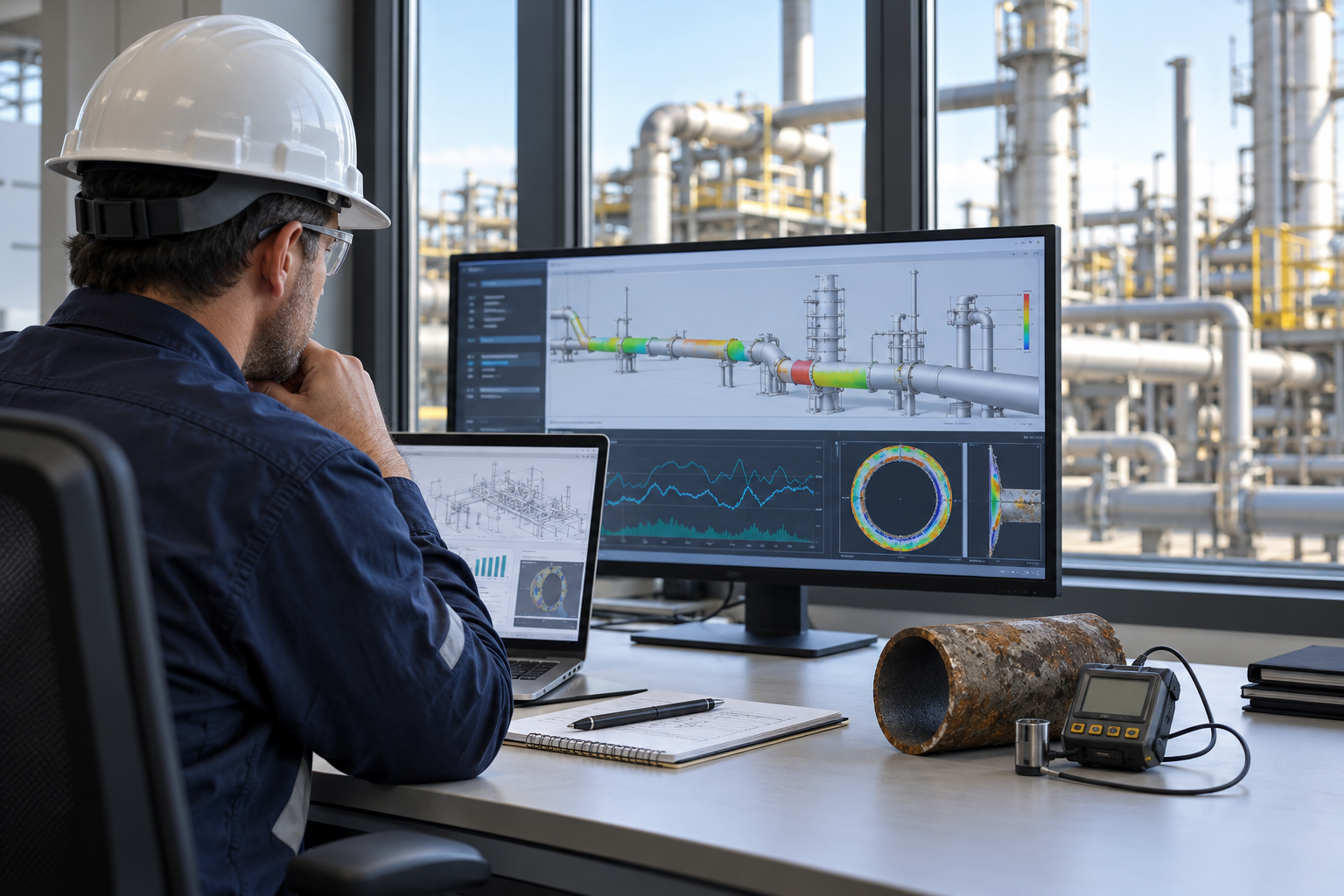 Illustrative engineer reviewing pipeline condition data beside inspection tools, with industrial equipment visible through the window
